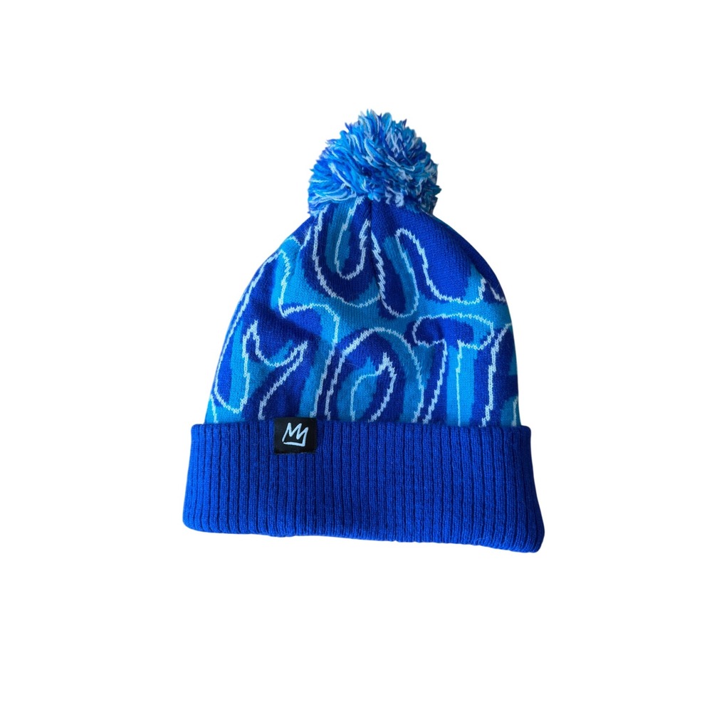 Mammoth Mountain Blue Knit Beanie Pom Pom Winter Hat Crown Logo Patch One Size